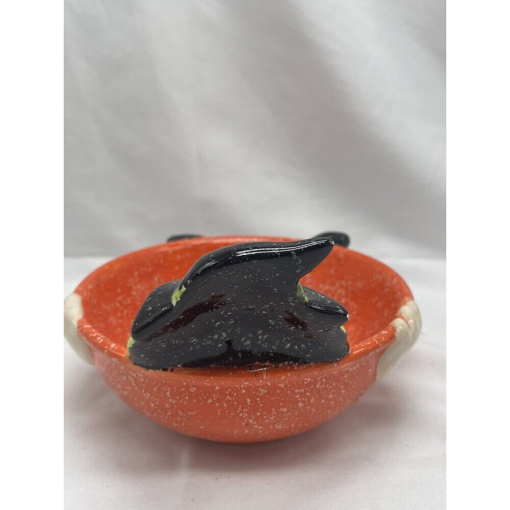 Cloe K Halloween Witch Candy Dish Bowl Ceramic Orange Green Black RARE - Picture 4 of 16